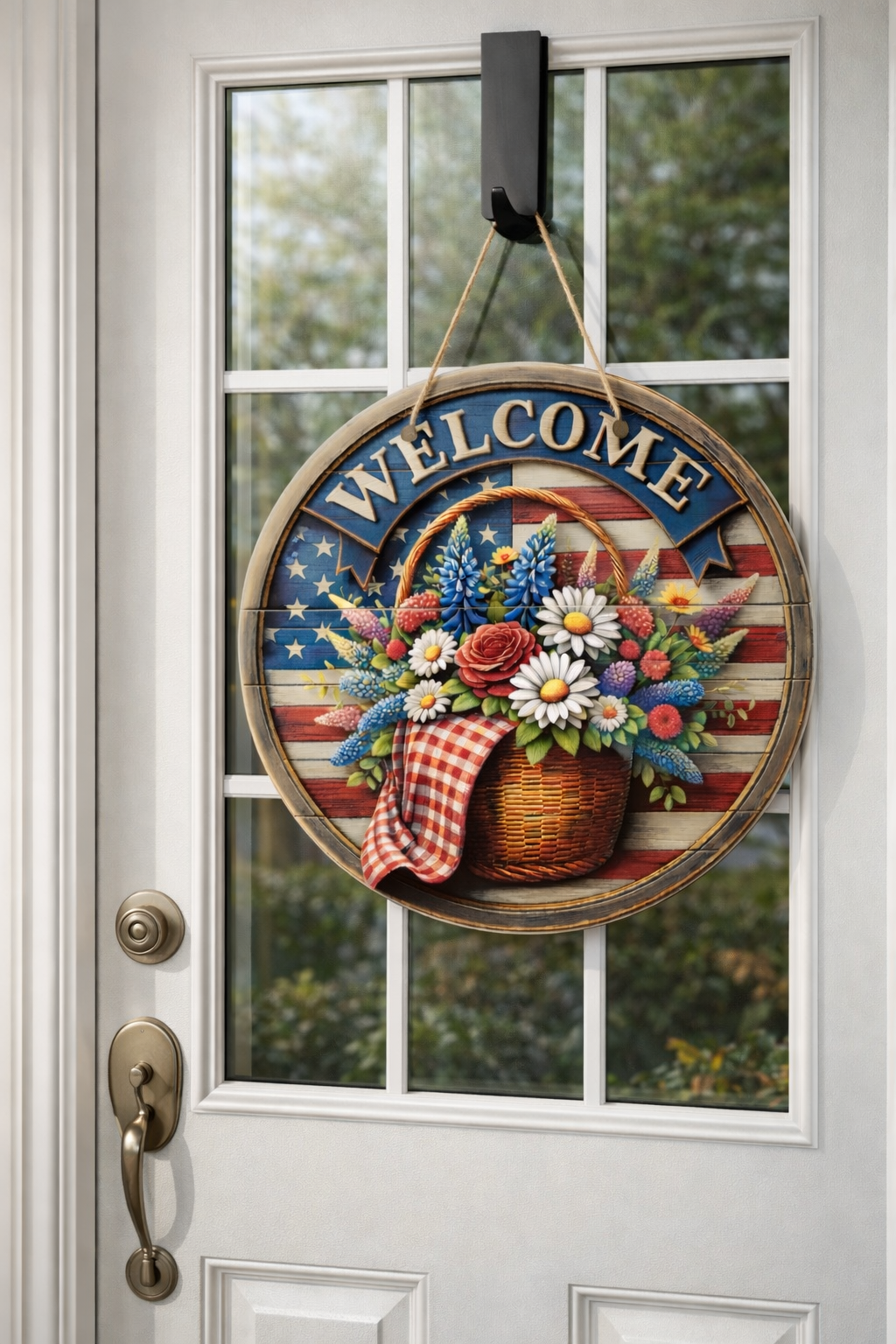 Custom 10 inch sublimation door hanger on grey background, full color personalized design
