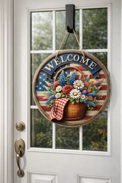 Custom 10 inch sublimation door hanger on grey background, full color personalized design