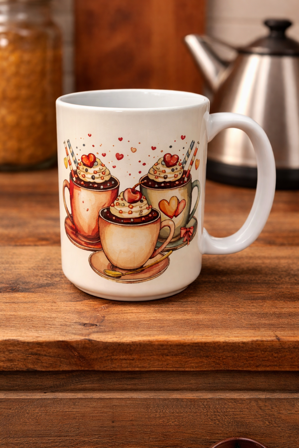 Custom 15 oz ceramic coffee mug with full-color sublimation design,
