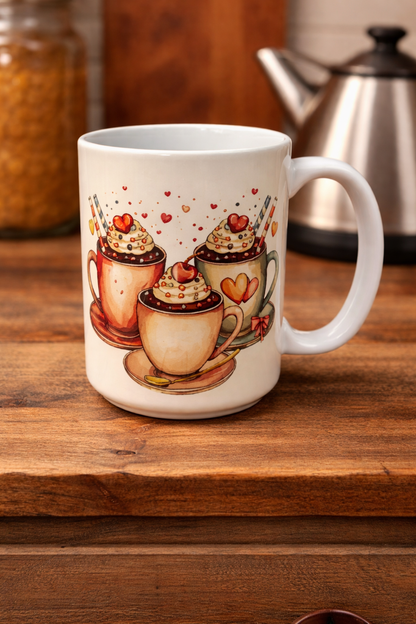 Custom 15 oz ceramic coffee mug with full-color sublimation design,