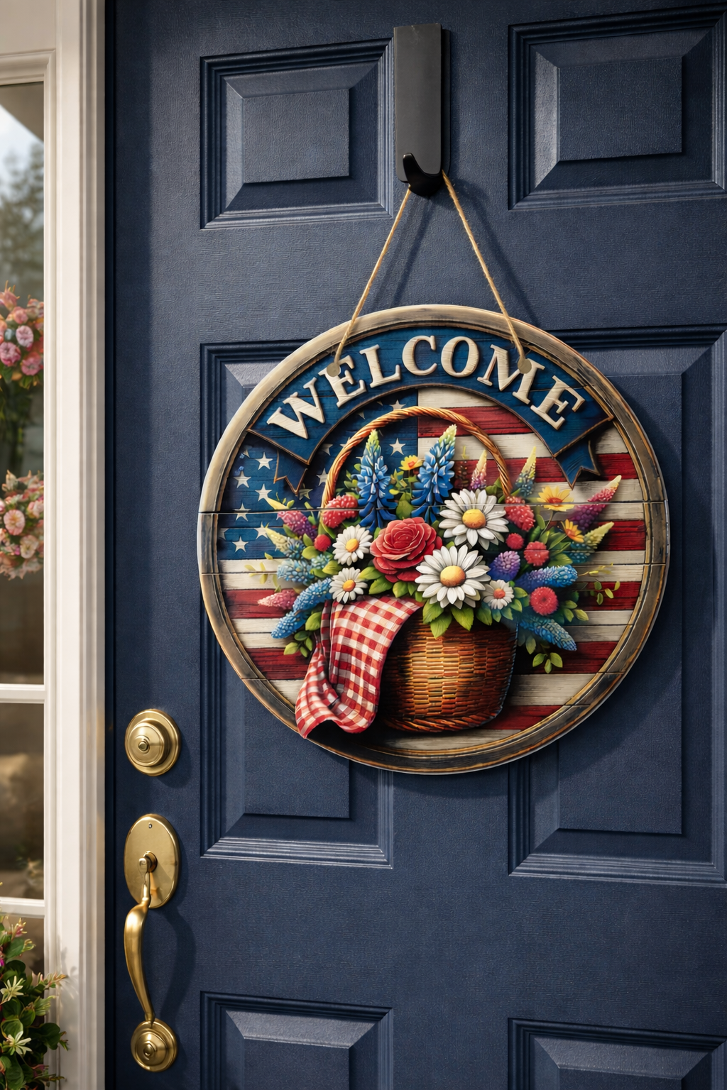 Custom 10 inch sublimation door hanger on grey background, full color personalized design