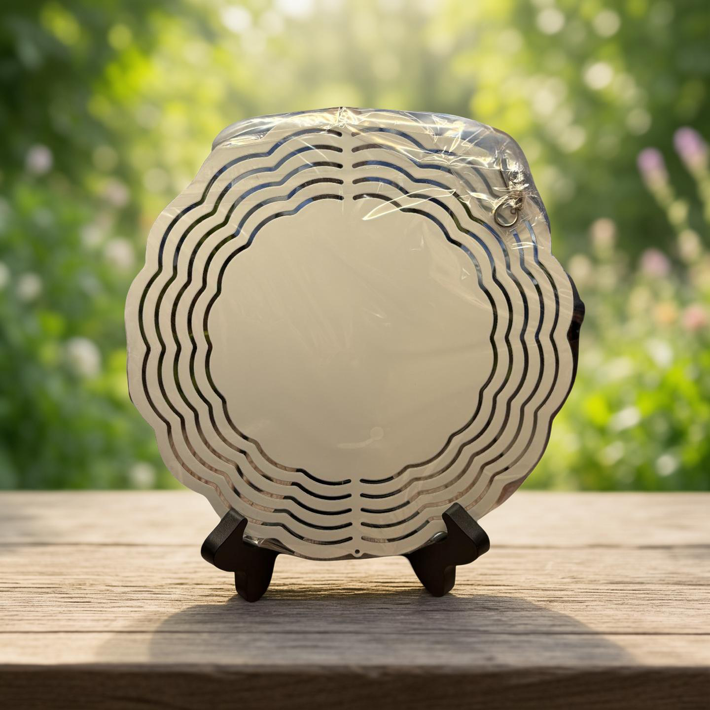Custom 8 inch sublimation wind spinner with full-color personalized design, hanging outdoors
