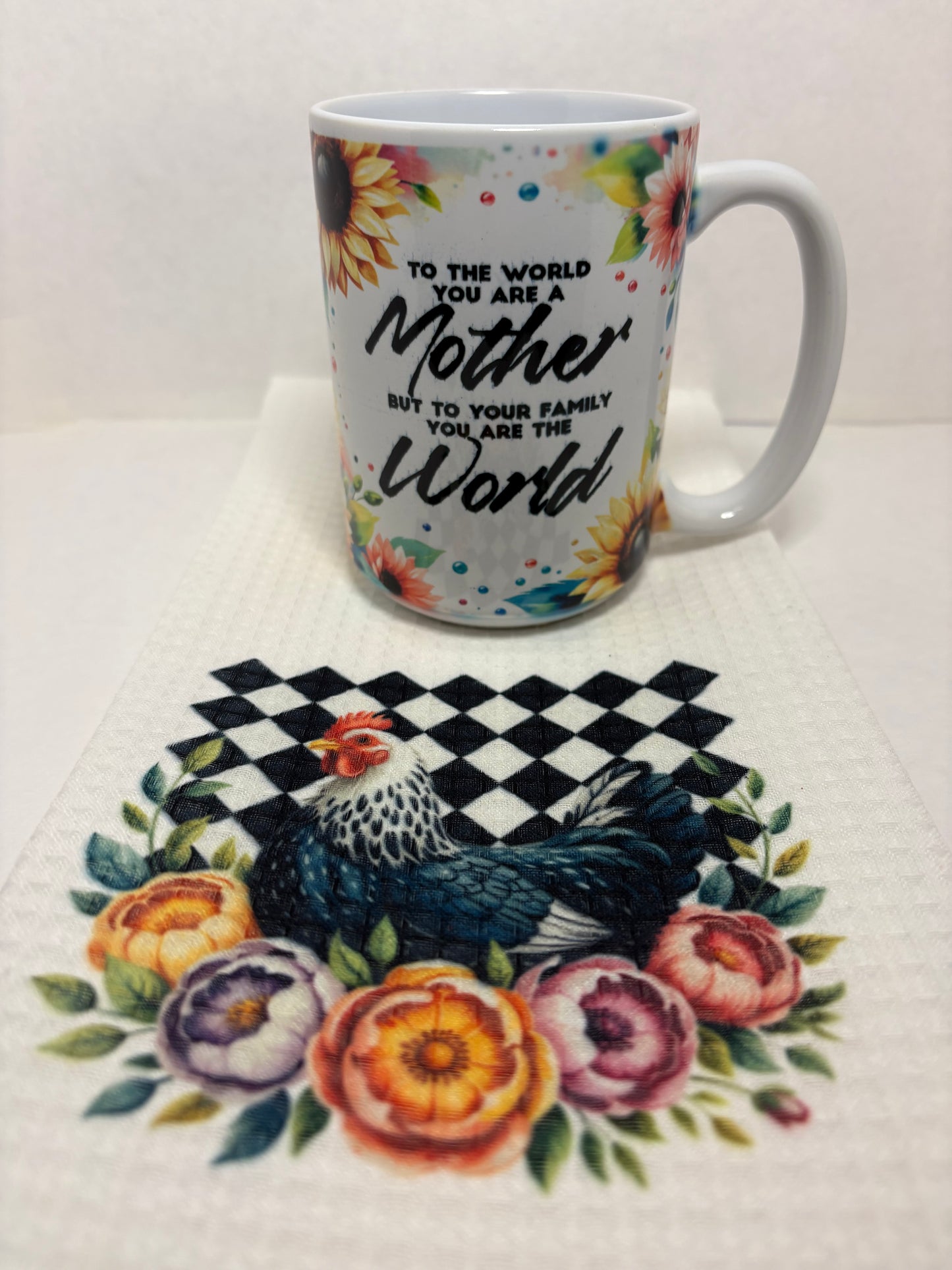"Premade gift set with 15 oz ceramic mug and coordinating kitchen towel