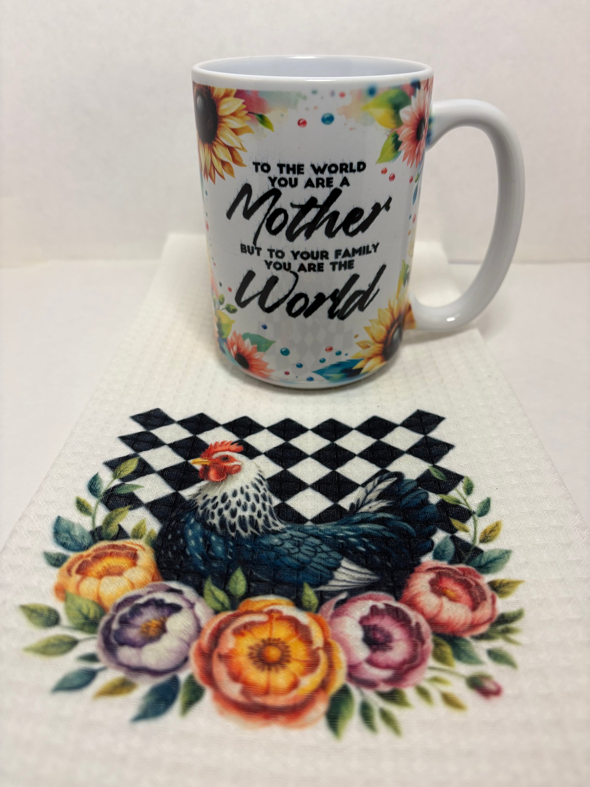 "Premade gift set with 15 oz ceramic mug and coordinating kitchen towel