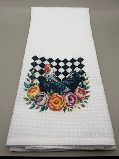 "Custom 100% polyester kitchen towel with full-color sublimation design, flat lay on grey background"