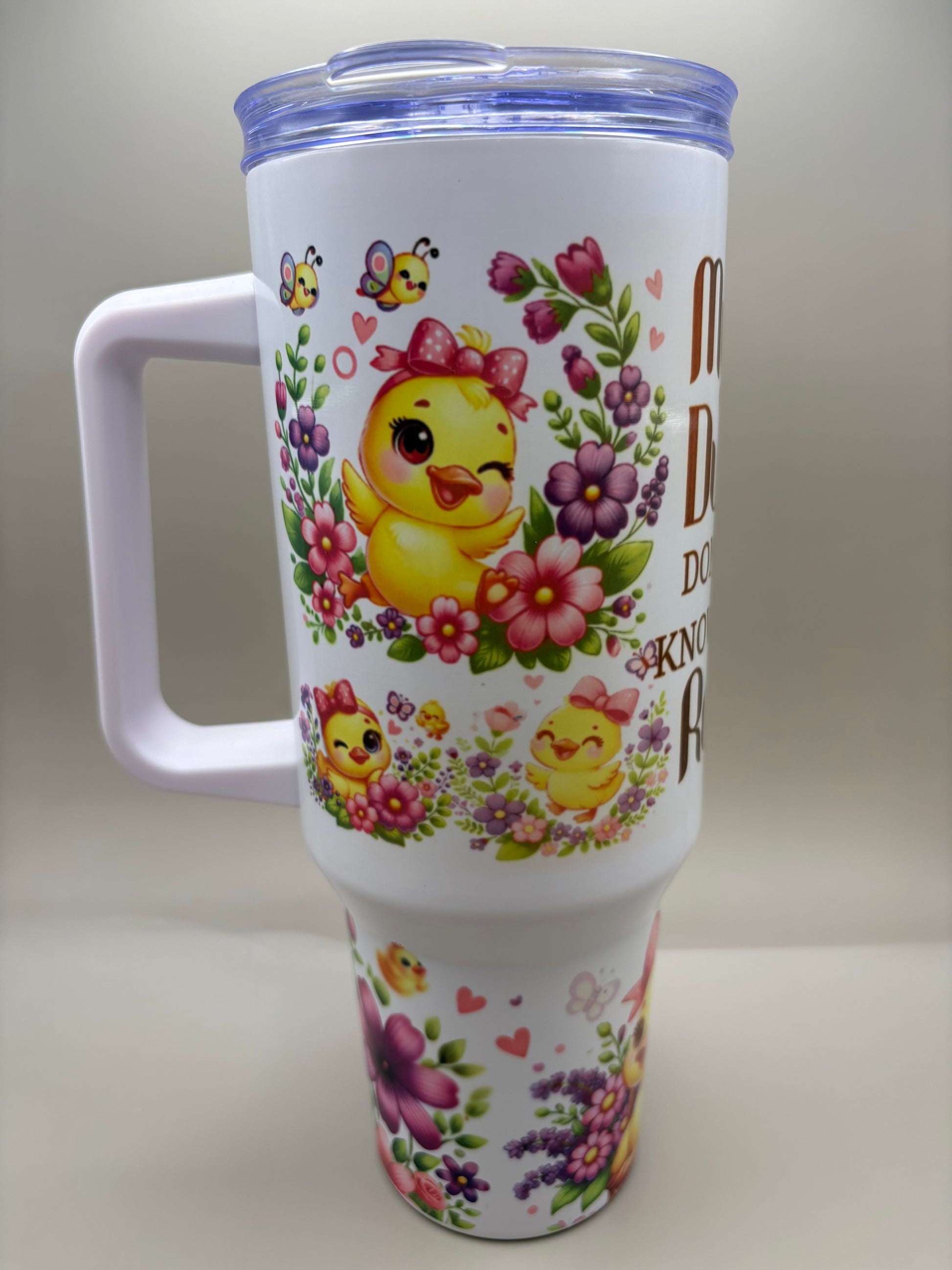 Custom 40 oz stainless steel sublimation tumbler with full-color wrap-around design, front view