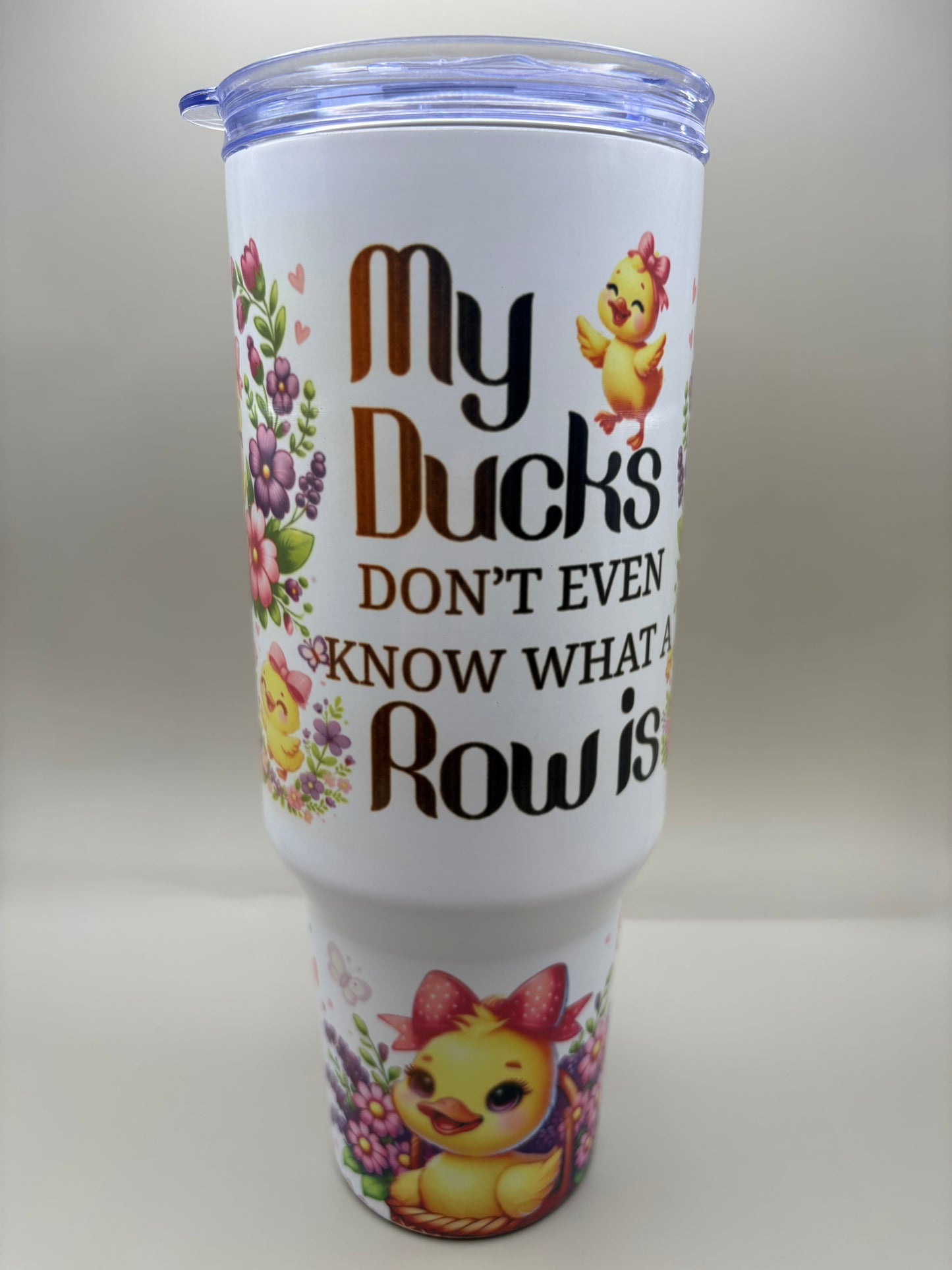 Custom 40 oz stainless steel sublimation tumbler with full-color wrap-around design, front view