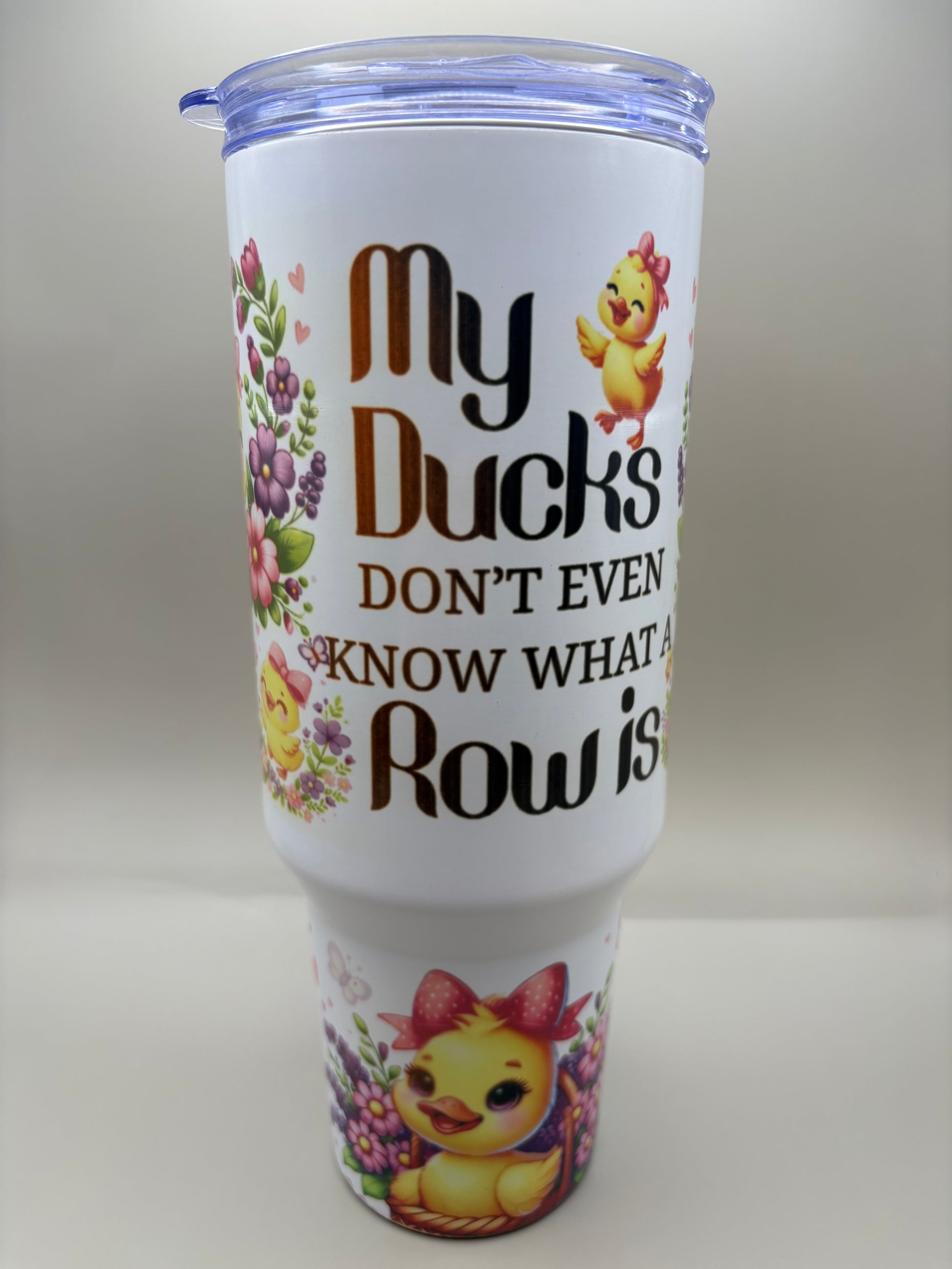 Custom 40 oz stainless steel sublimation tumbler with full-color wrap-around design, front view