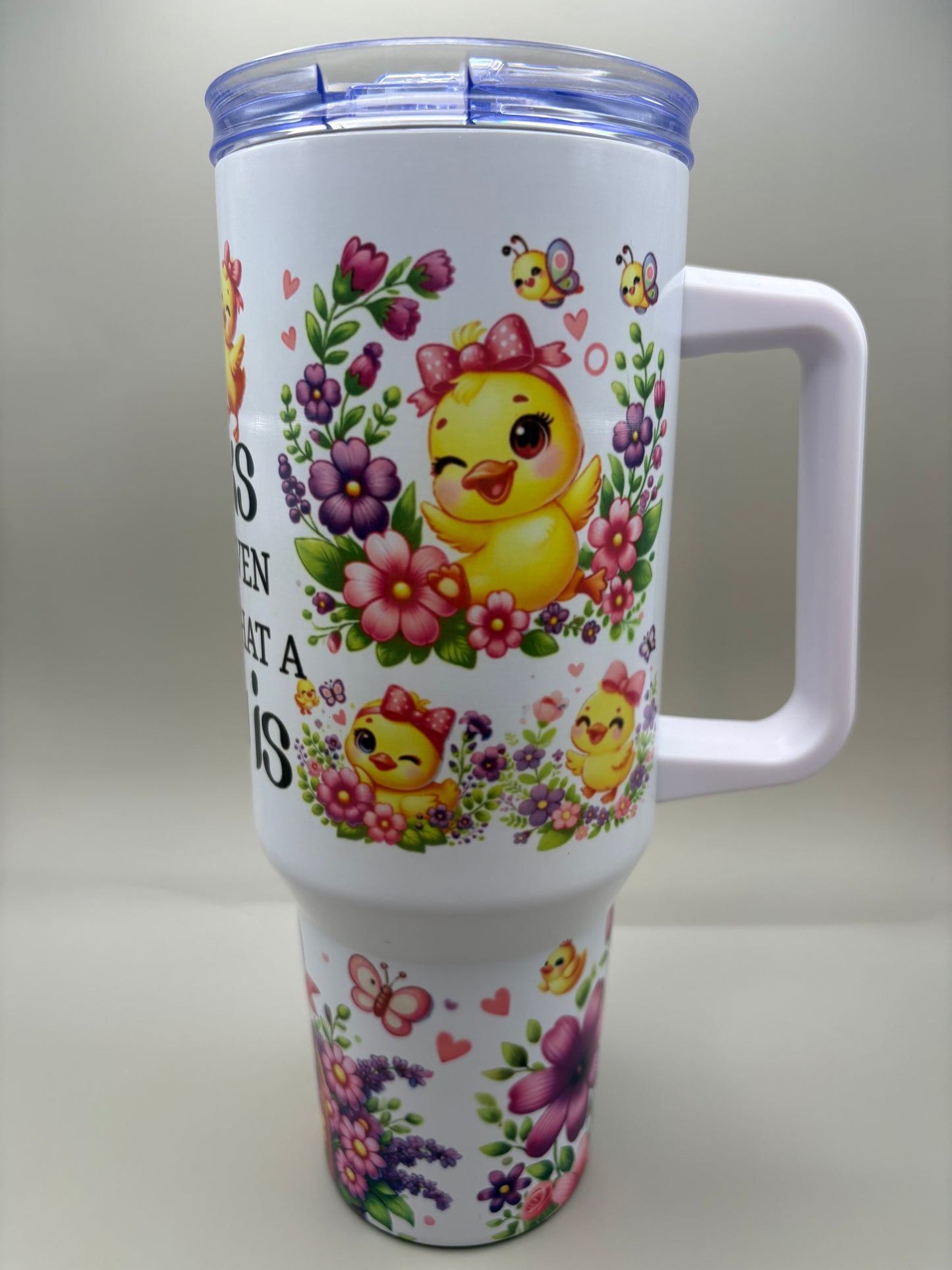Custom 40 oz stainless steel sublimation tumbler with full-color wrap-around design, front view