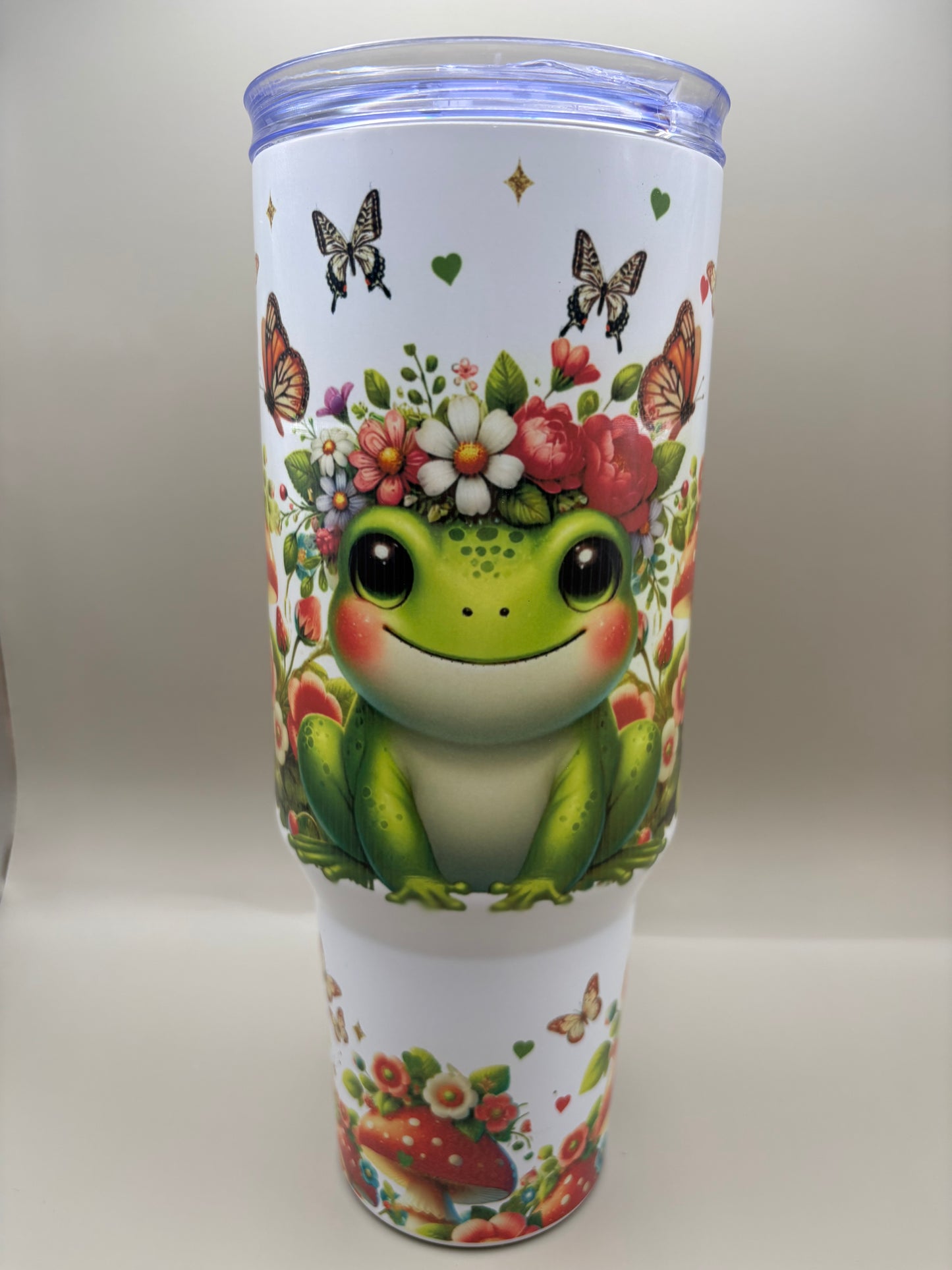 Custom 40 oz stainless steel sublimation tumbler with full-color wrap-around design, front view