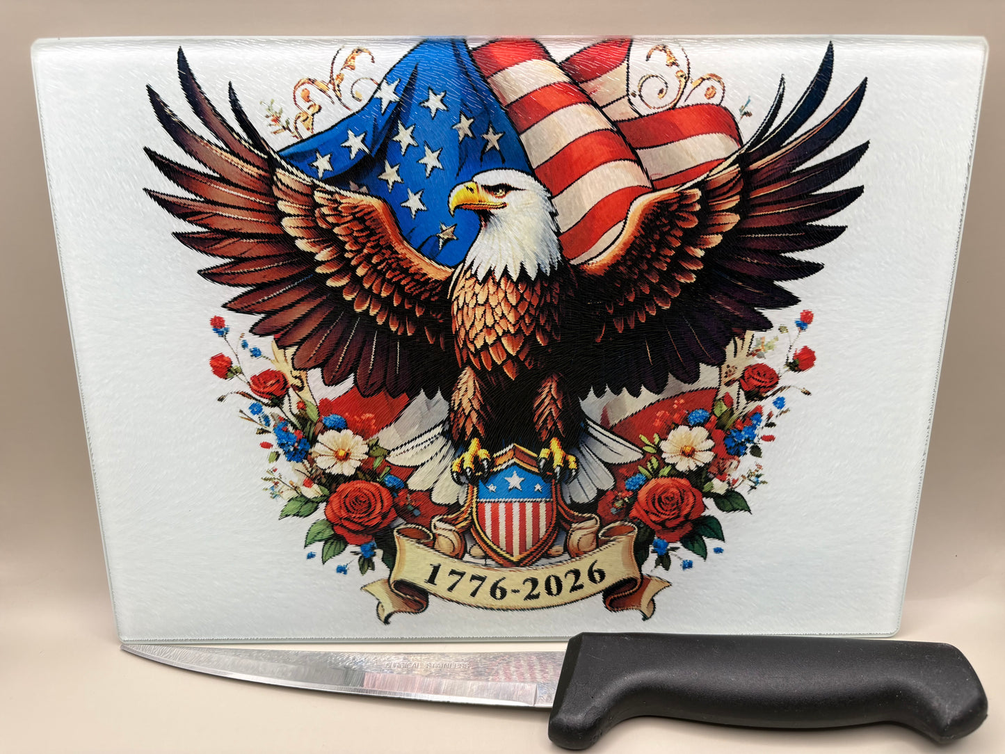 Custom 8x11 glass cutting board with full-color sublimation design