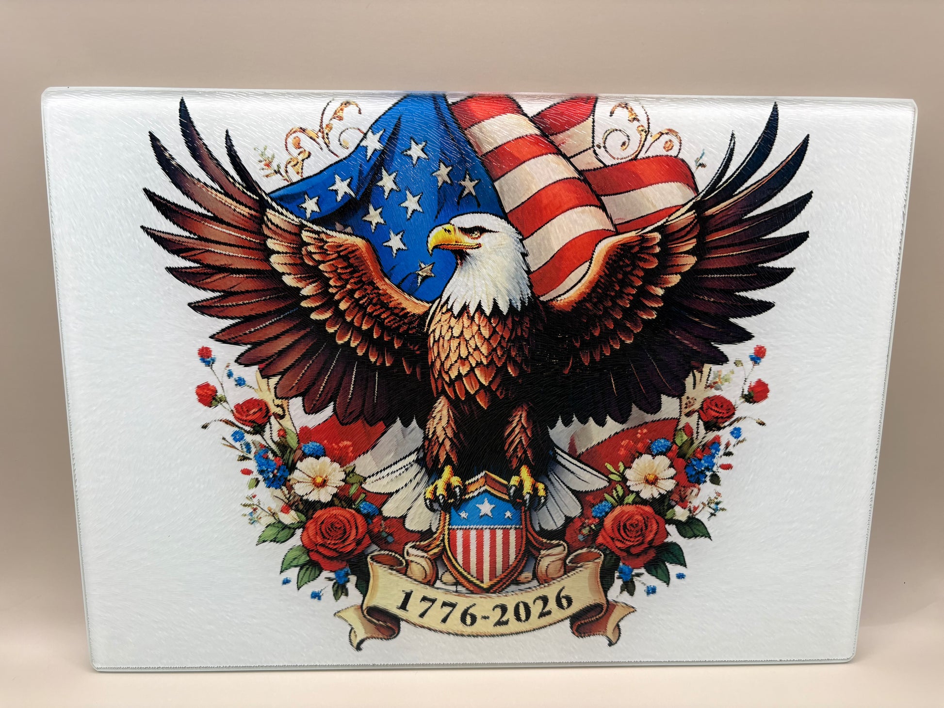"Premade 8x11 glass cutting board with vibrant sublimation design