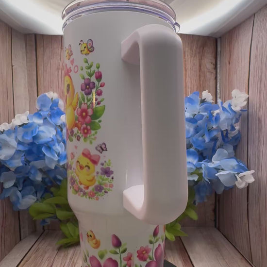 Custom 40 oz stainless steel sublimation tumbler with full-color wrap-around design, front view